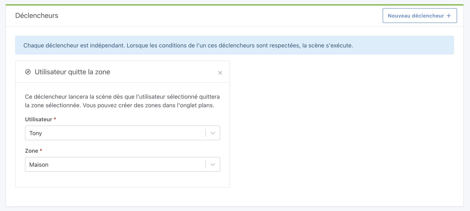 Utilisateur sort d'une zone